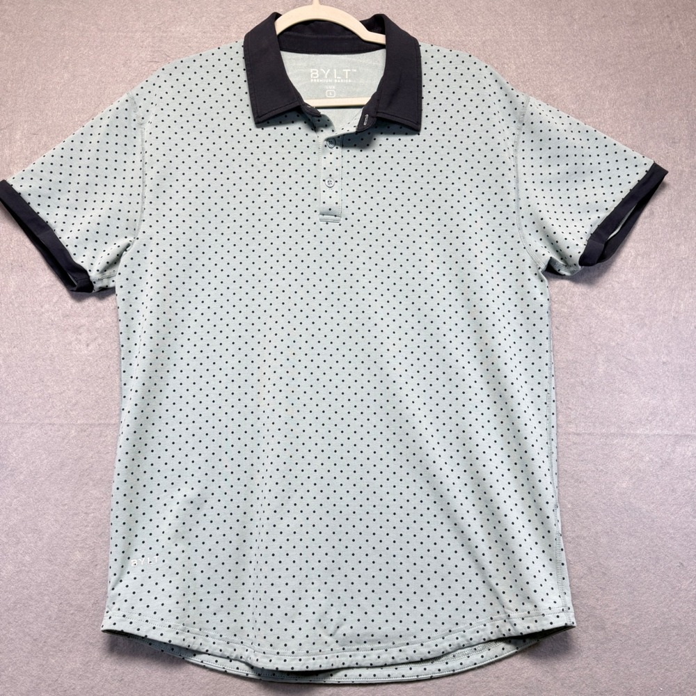 BYLT Premium‎ Basics Mens Lux Polo Shirt Blue Polka Dot Short Sleeve Size Large
